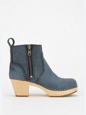 Swedish Hasbeens Toffel Zip Boots Navy Nubuck Wood Clog Heel EU 38 / US 7.5-8